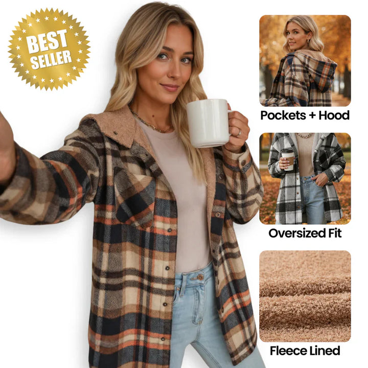 Women's cozy teddy bear plaid shacket for fall & winter. Oversized fit, warm outerwear.