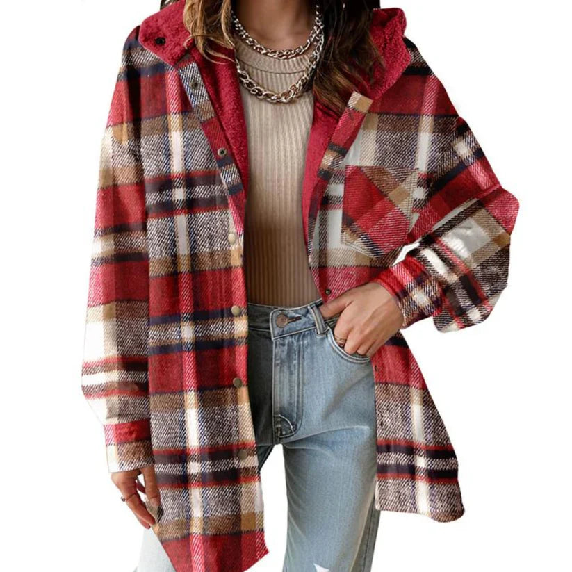Warm women's shacket with cozy teddy bear lining & plaid design. Button-down for fall/winter.