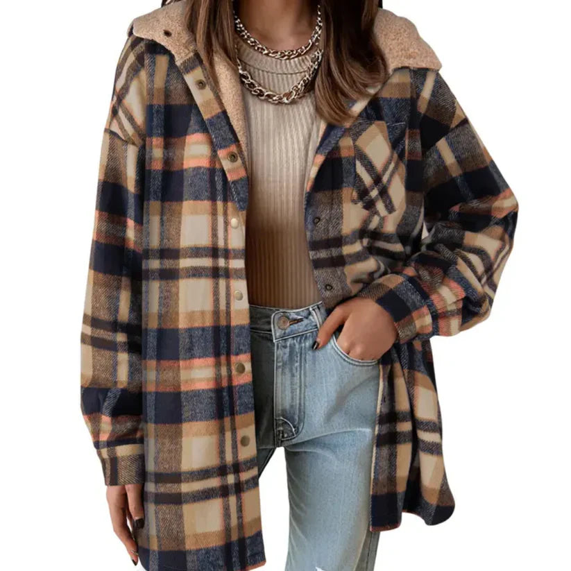 Fall/Winter women's plaid shacket, teddy bear texture, comfortable & oversized fit.