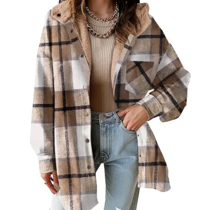 Cozy plaid shacket for women, featuring a soft teddy bear feel. Ideal for fall & winter warmth.