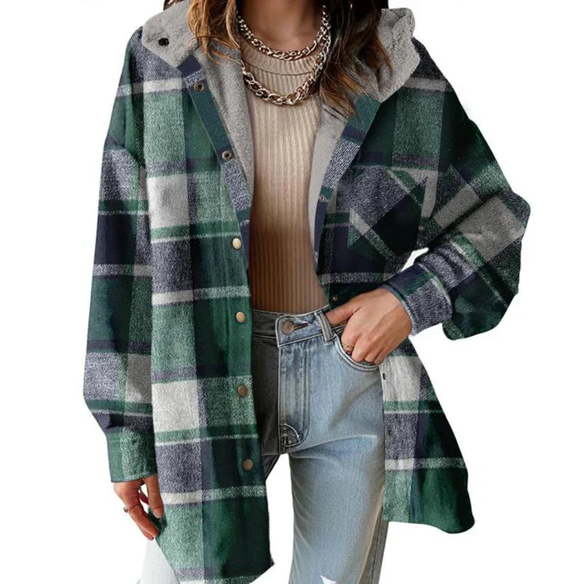 Women's teddy bear shacket with classic plaid pattern. Oversized, warm outerwear for cold seasons.