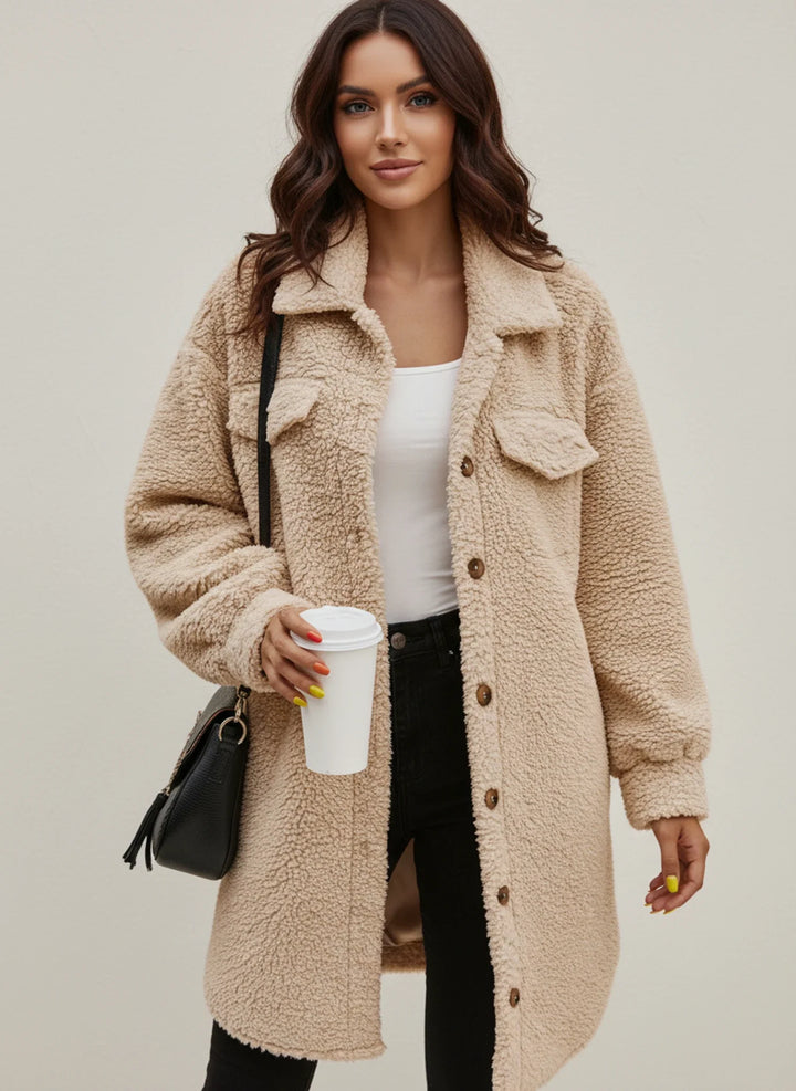 Women's cozy teddy winter shirt jacket, oversized fit, ideal for fall & winter layering.