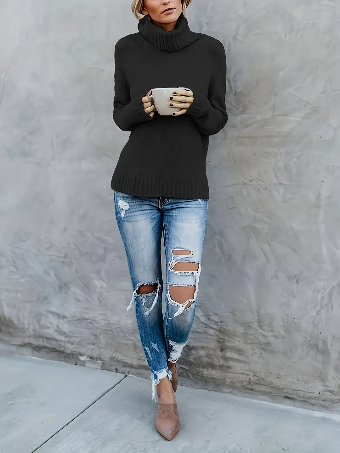 Women's comfortable turtleneck sweater, split hem, great for layering in fall & winter.