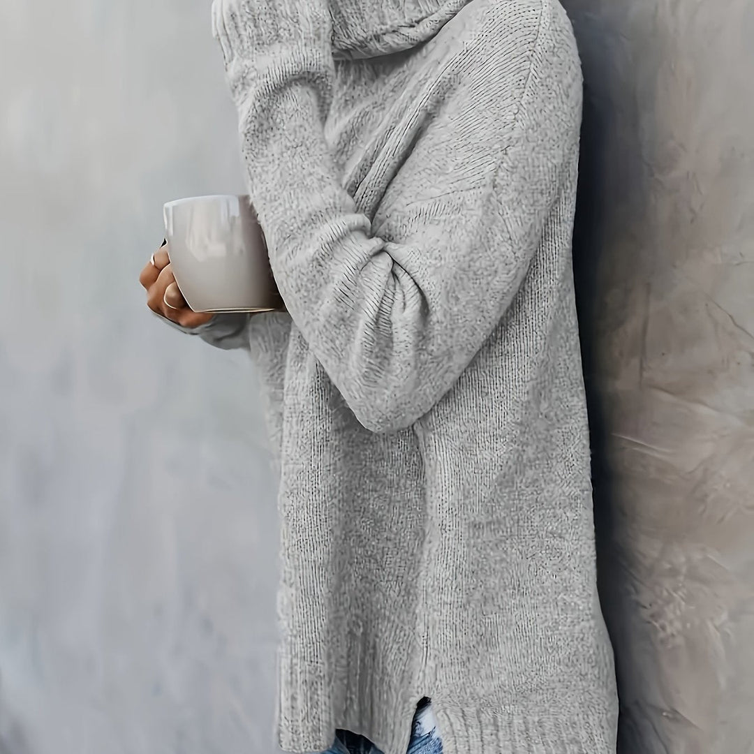 Women's fall fashion turtleneck sweater, long sleeve, split hem for effortless style.