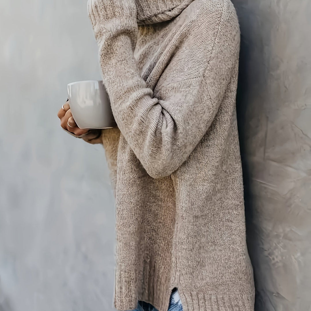 Women's everyday long sleeve turtleneck sweater with a fashionable split hem detail.