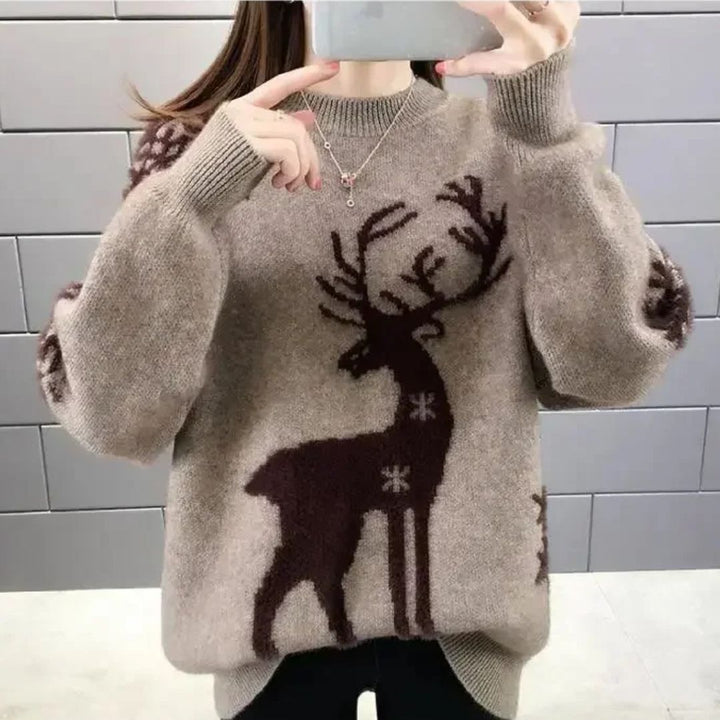 Women's cozy winter reindeer pattern knit sweater, long sleeve crewneck for holiday casual wear