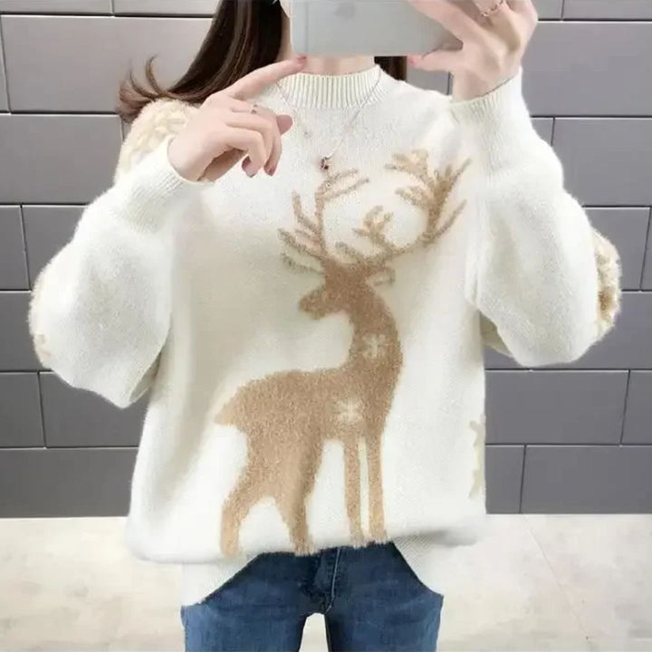 Warm women's reindeer graphic knit sweater, ideal for casual winter outfits and festive occasions