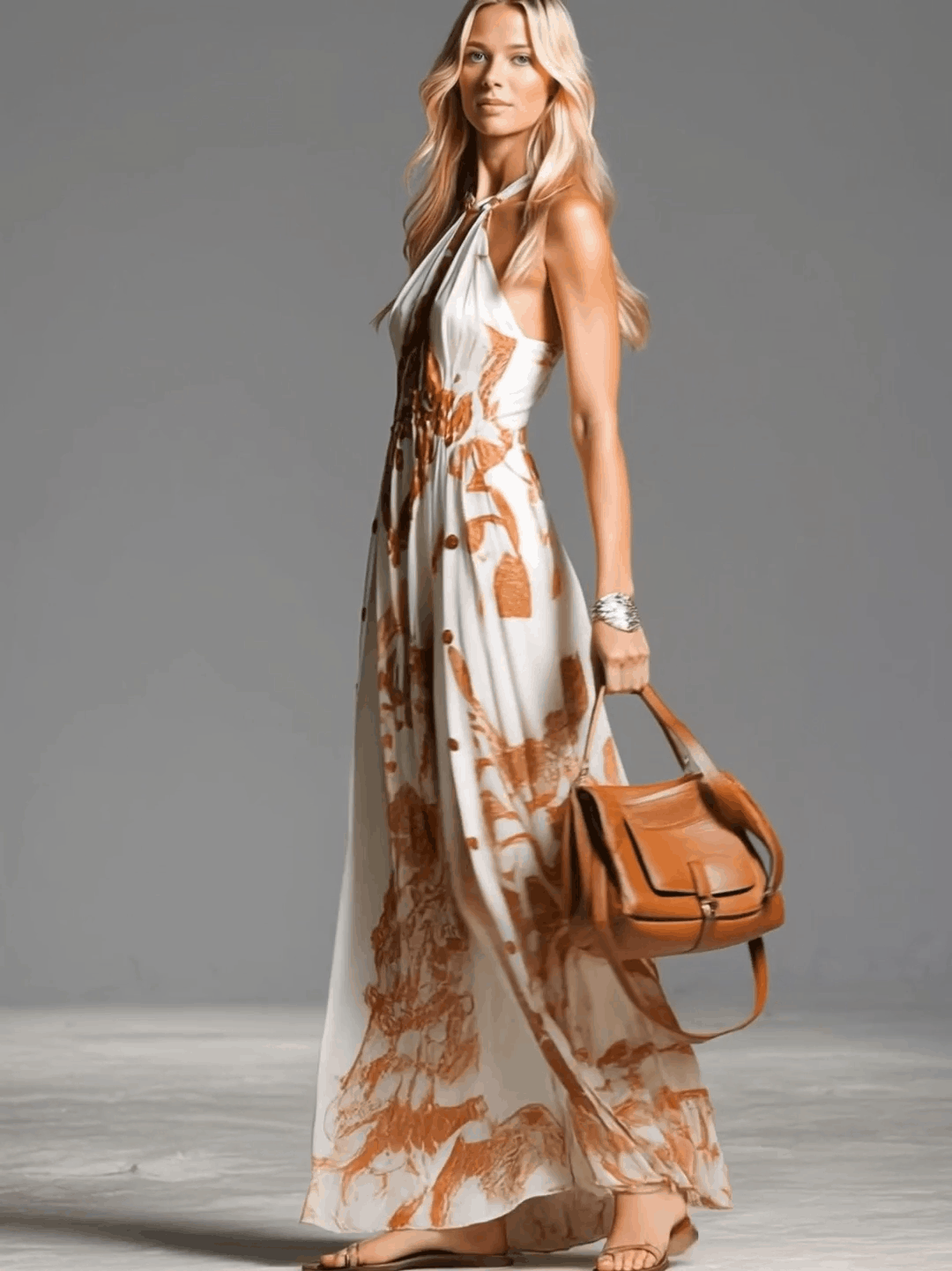 Stylish women's cream abstract print halter neck maxi dress, featuring a side split and flowing silhouette.