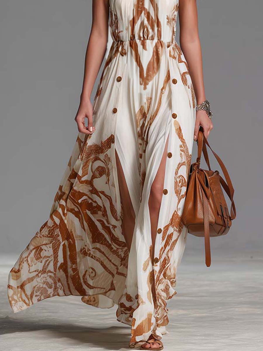 Cream abstract print halter neck maxi dress with side split. Flowy women's summer fashion, vacation wear.