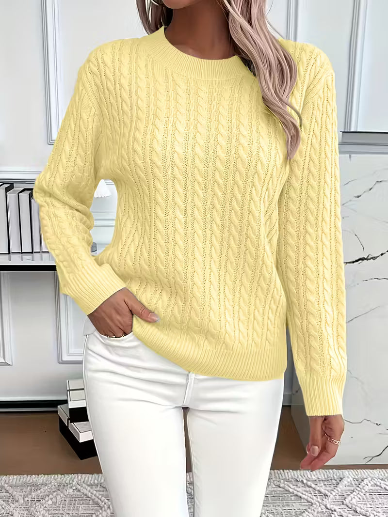 Trendy women's cable knit crew neck sweater for chic autumn layering. Elevate your fall fashion.