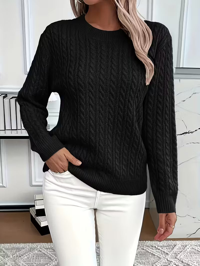 Everyday women's cable knit crew neck jumper. Easy-to-style for autumn layering & comfortable casual outfits.