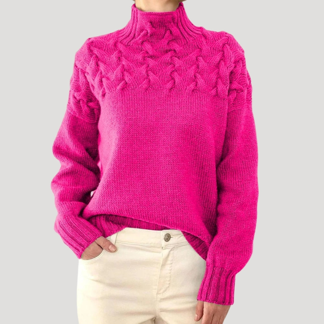 Casual women's long-sleeve cable knit high-neck sweater, a versatile addition to spring outfits