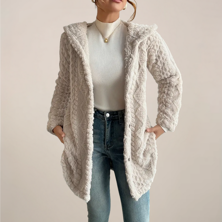 Women's cream textured knit hooded cardigan, ideal for spring layering and casual wear