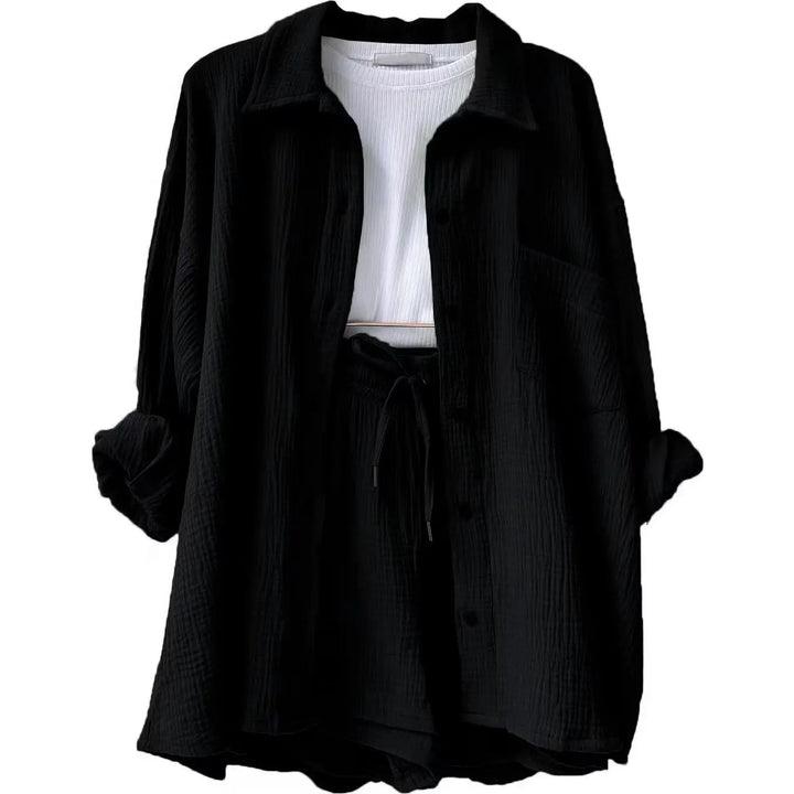Comfortable and breathable women's crinkle lounge set in a navy blue, great for casual elegance.