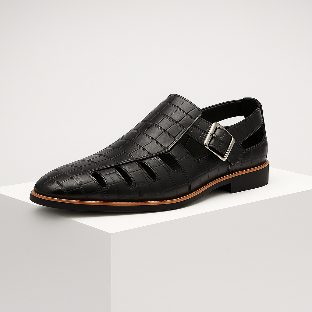 Stylish women's open toe buckle sandals with a chic croc embossed finish