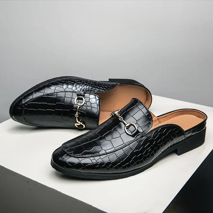 Women's croc-embossed slip-on loafer mules, elegant flat shoes for casual wear