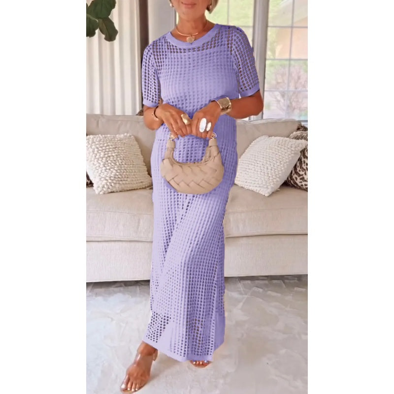 Textured crochet style women's maxi dress, open weave for elegant summer fashion and resort.