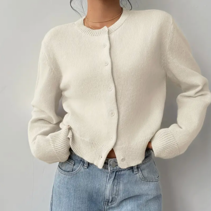 Versatile women's cropped button cardigan in a neutral color, spring/summer