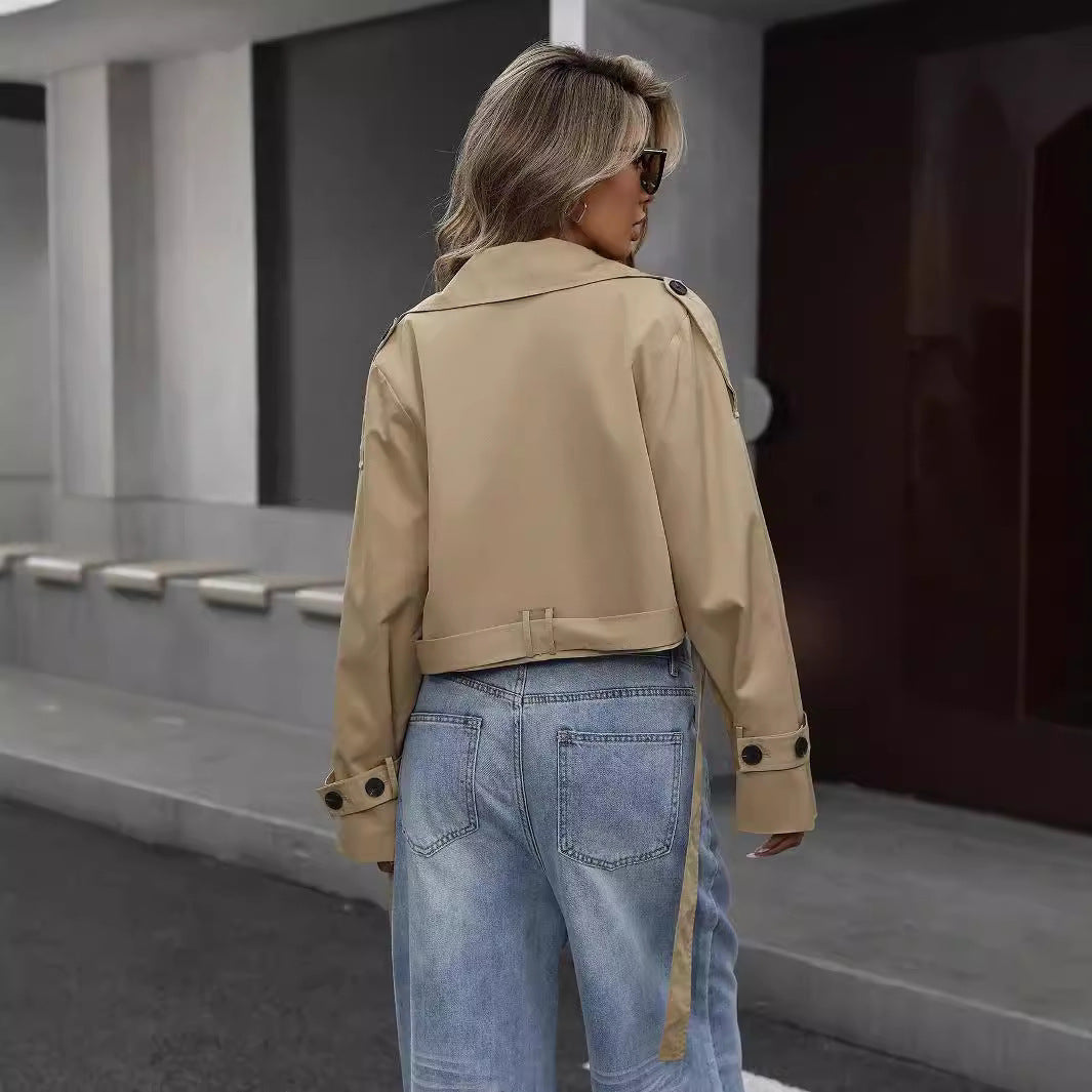Stylish women's cropped trench jacket with double-breasted design, versatile fall fashion.