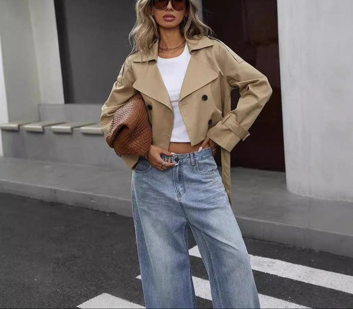 Khaki cropped double-breasted jacket for women, a modern and chic spring/fall outerwear layer.