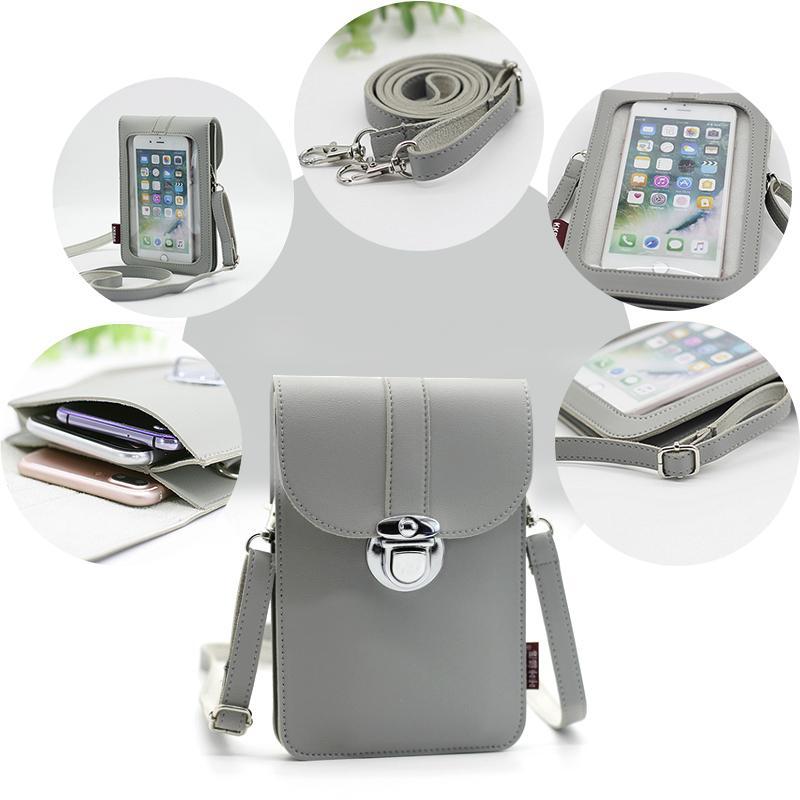 Back view of women's touchscreen crossbody bag, showcasing textured PU leather material