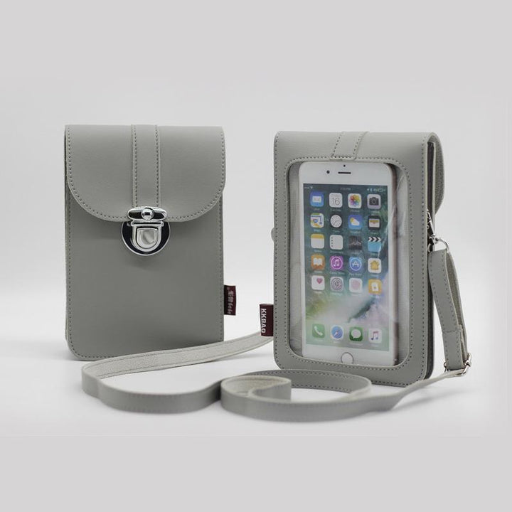 Women's accessory: Black crossbody phone bag, compact design, essential for carrying smartphone &amp; cards
