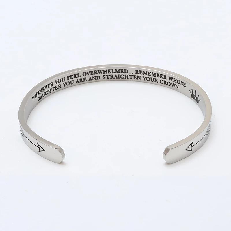 Shiny stainless steel cuff bracelet for women, engraved with a crown and inspirational quote