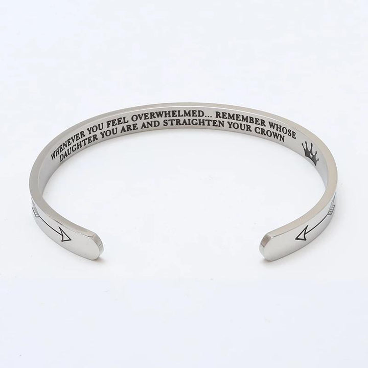 Shiny stainless steel cuff bracelet for women, engraved with a crown and inspirational quote