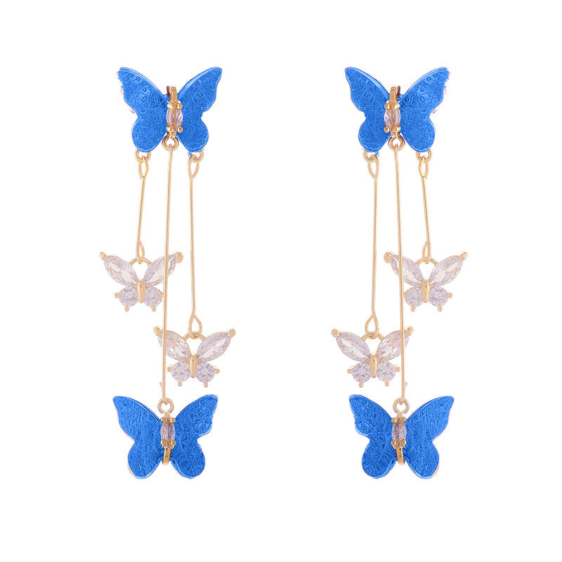Women's crystal butterfly fashion earrings with a long, shimmering tassel, ideal for a chic look