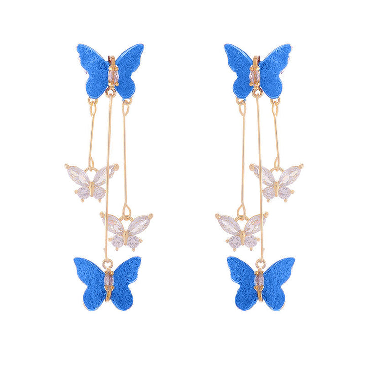Women's crystal butterfly fashion earrings with a long, shimmering tassel, ideal for a chic look