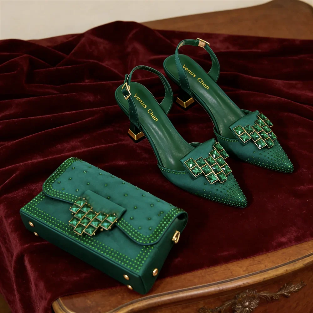 Formal women's crystal embellished pointed toe pumps and clutch set. Ideal for weddings, galas, and parties.
