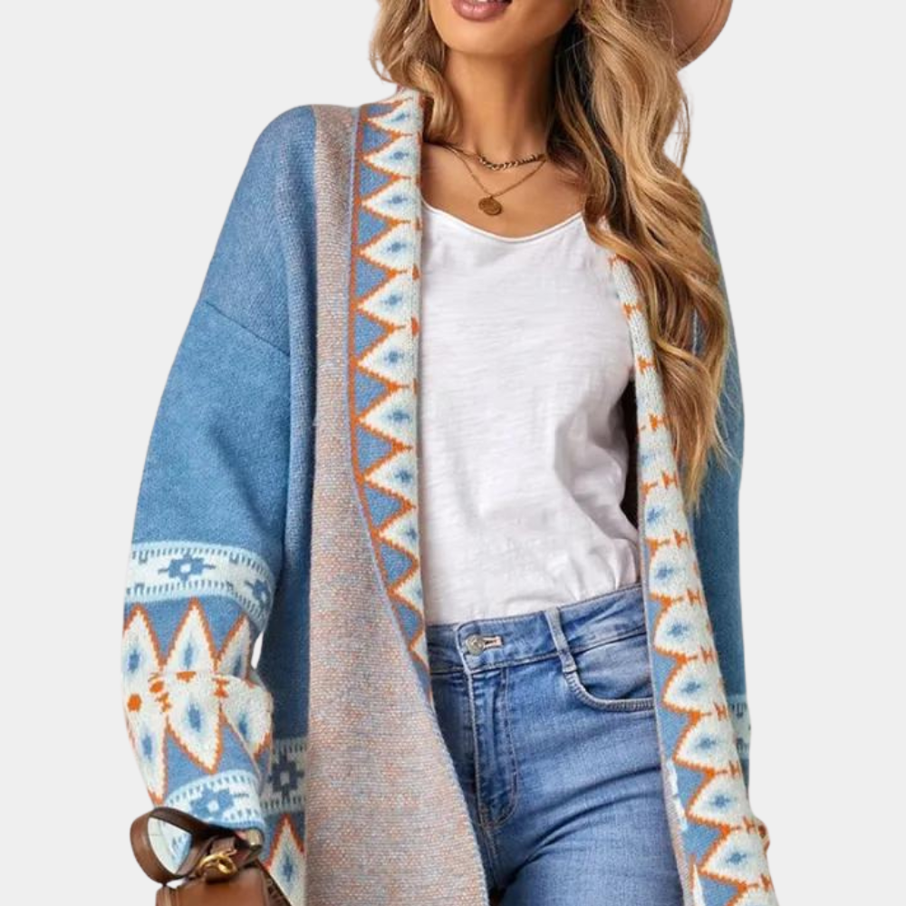 Women's dark blue boho knit cardigan, open front. Soft, oversized for comfortable layering.