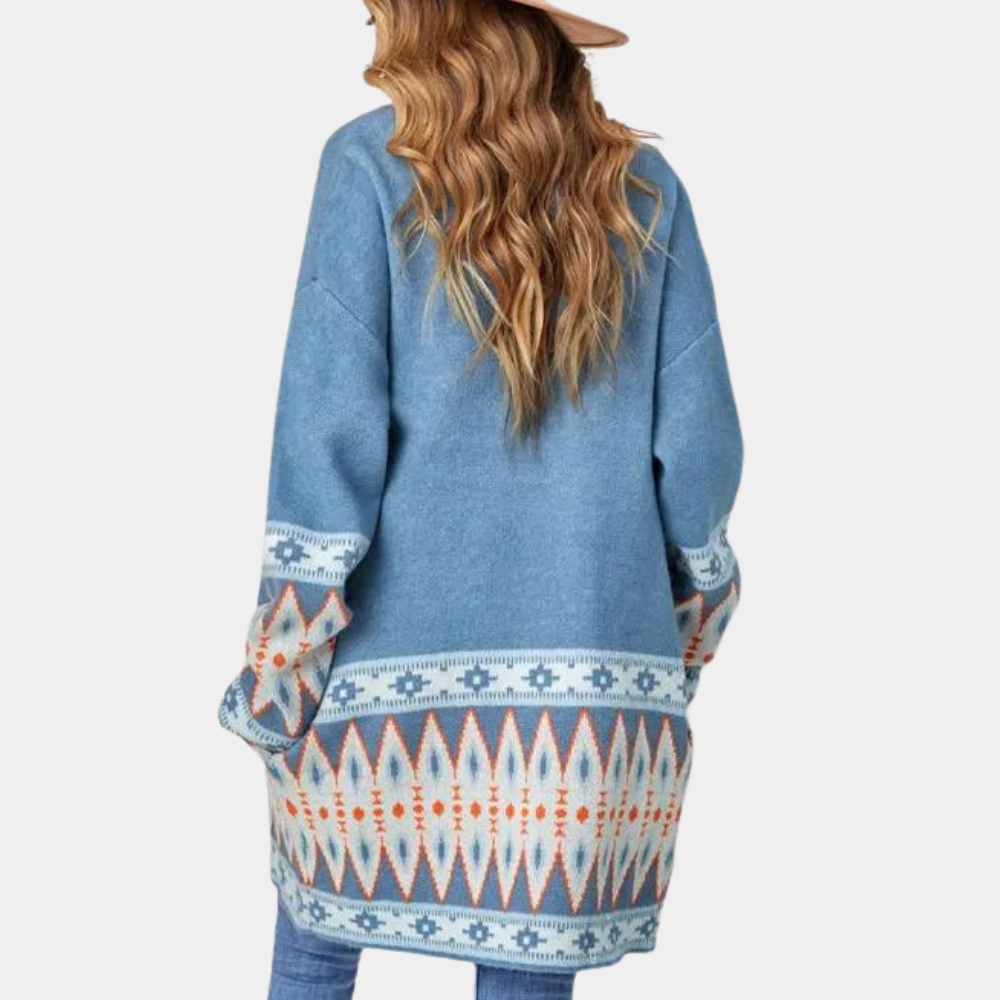 Comfortable women's dark blue boho knit cardigan. Soft, long sleeve for effortless casual fashion.