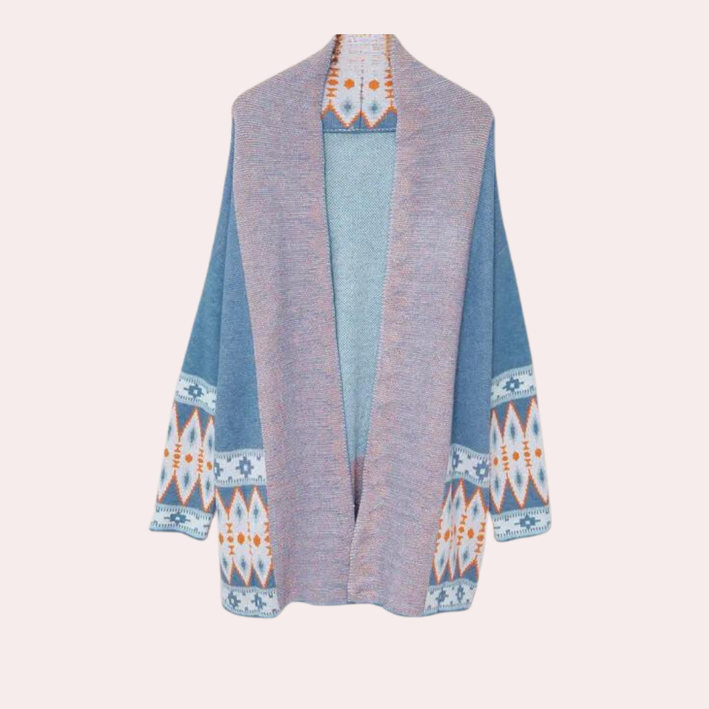 Stylish women's dark blue open front boho knit cardigan. Versatile long sleeve knitwear for layered fashion.