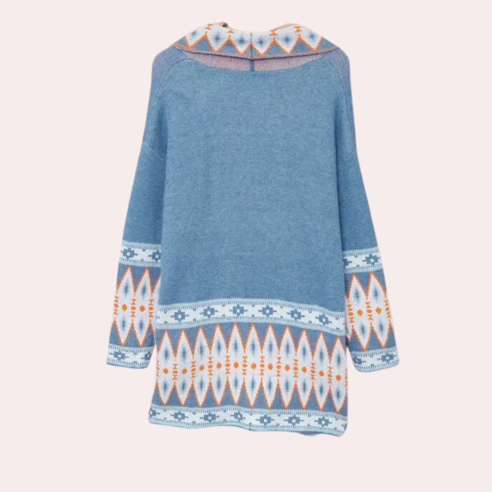Oversized dark blue women's boho knit cardigan. Soft, casual design for comfortable and trendy layered outfits.