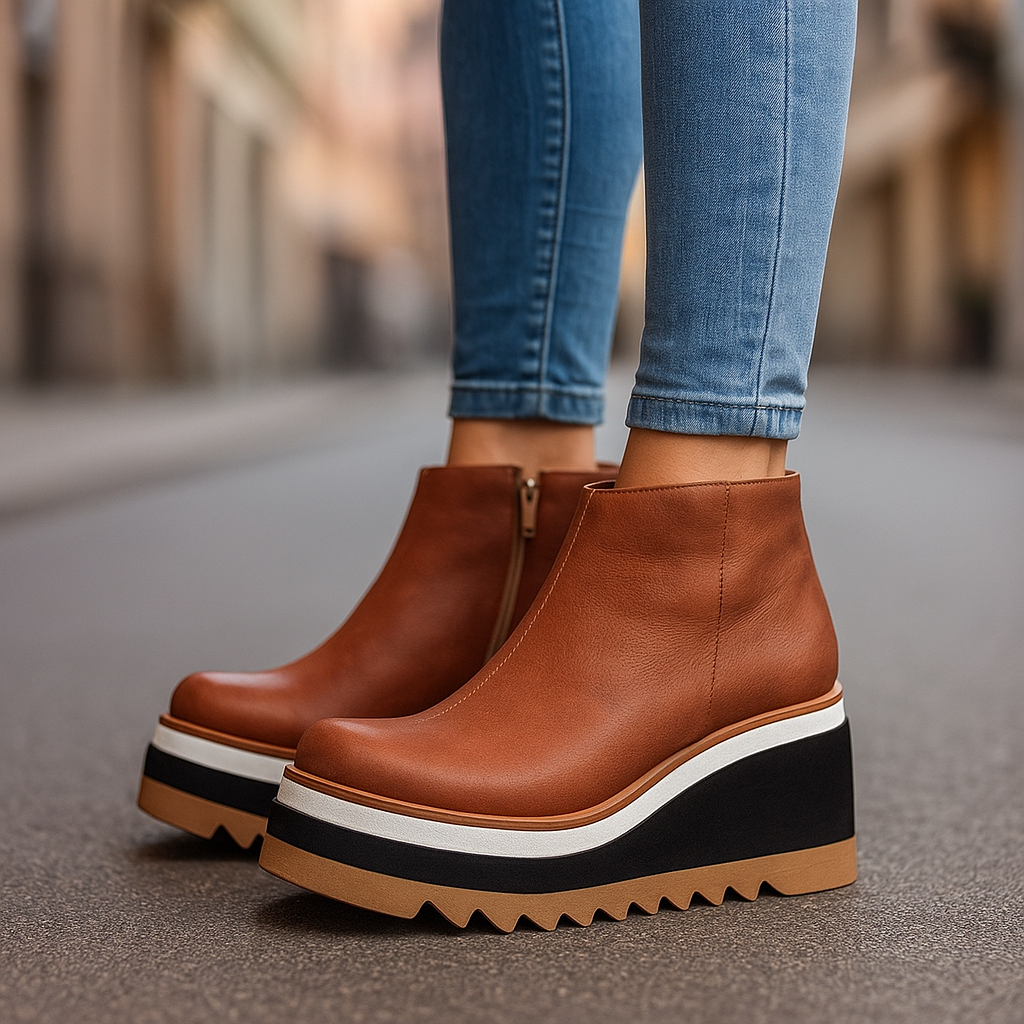Women's dark brown platform ankle boots with orthopedic insole, perfect for fall fashion.