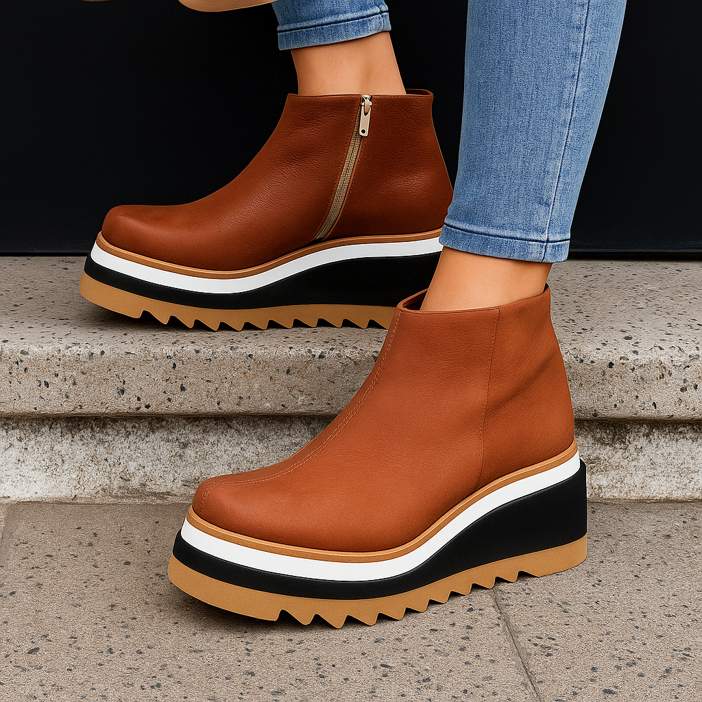 Orthopedic platform ankle boots for women in a stylish brown walnut, ideal for winter boots and comfort.