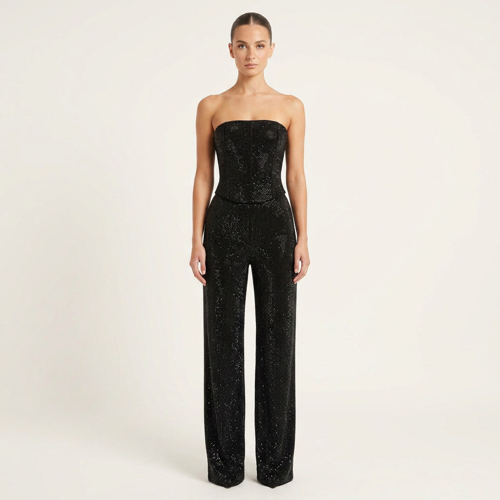 Women's dazzling glitter crop top and high-waist jeans two-piece set for a stylish party outfit.