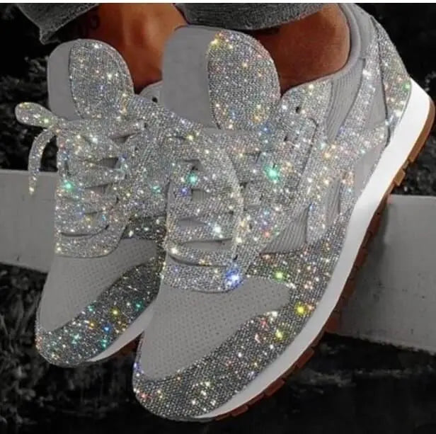 Trendy women's glitter lace-up sneakers, comfortable and stylish. Eye-catching sparkling fashion footwear.