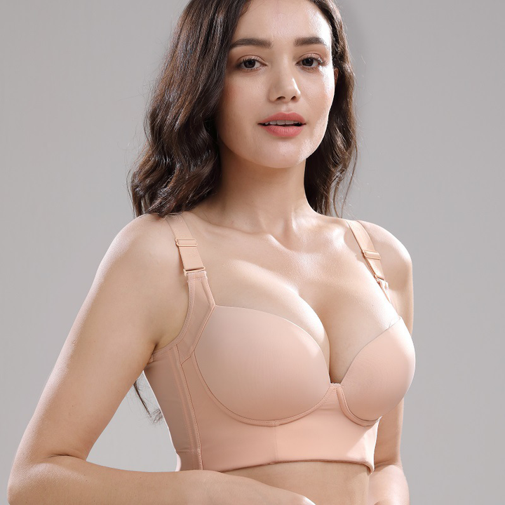 Women's Deep Cup Full Coverage Shapewear Bra in beige, offering lift and back smoothing