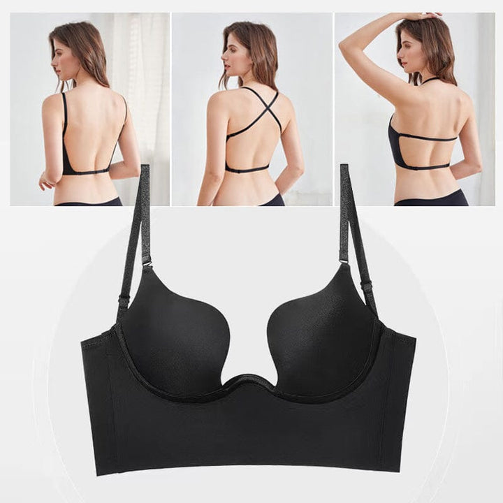 Invisible push up backless bra, women's deep U plunge support underwear