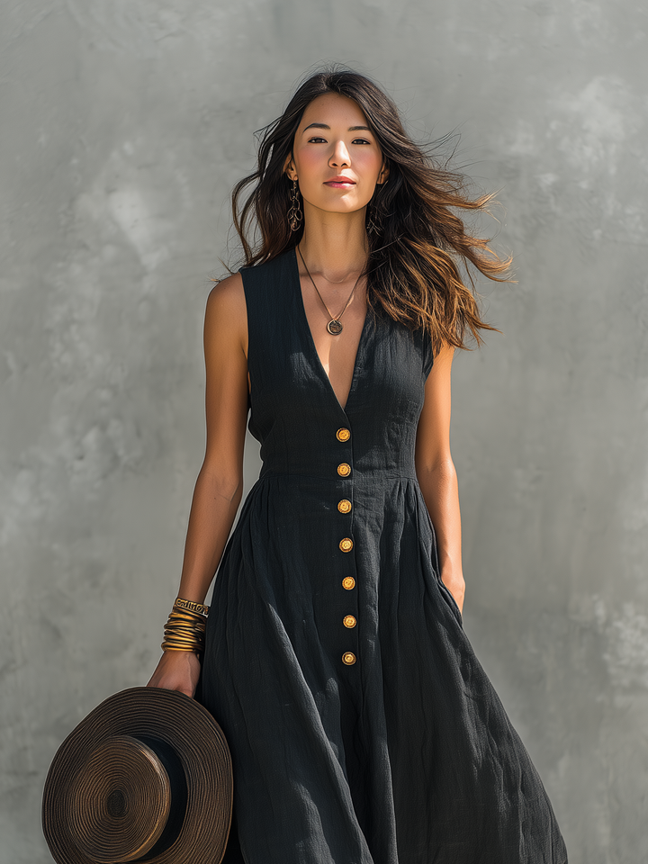 Flowy bohemian sleeveless maxi dress with deep V-neck & button front, ideal for summer & casual wear.
