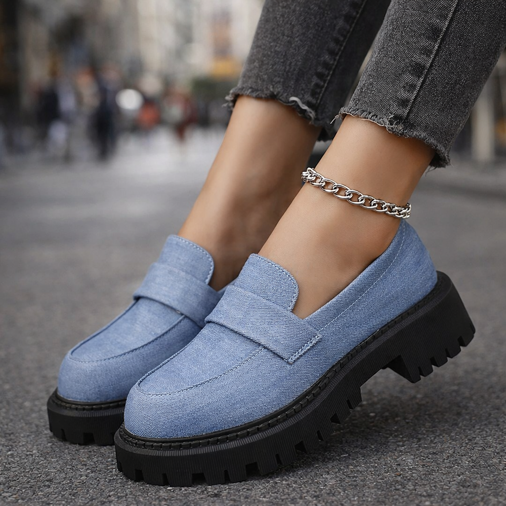 Women's denim platform loafers with chunky sole & orthopedic support, comfortable casual slip-on shoes