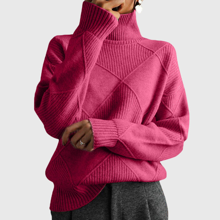 Women's diagonal seam roll neck sweater for cozy winter comfort.