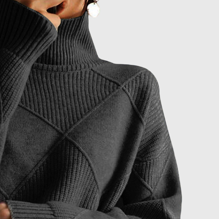 Fashionable women's roll neck sweater, diagonal seam, for a chic and cozy winter wardrobe.