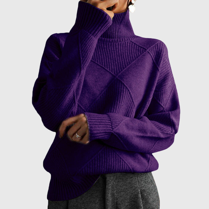Cozy and stylish women's roll neck sweater with a unique diagonal seam, perfect for winter.