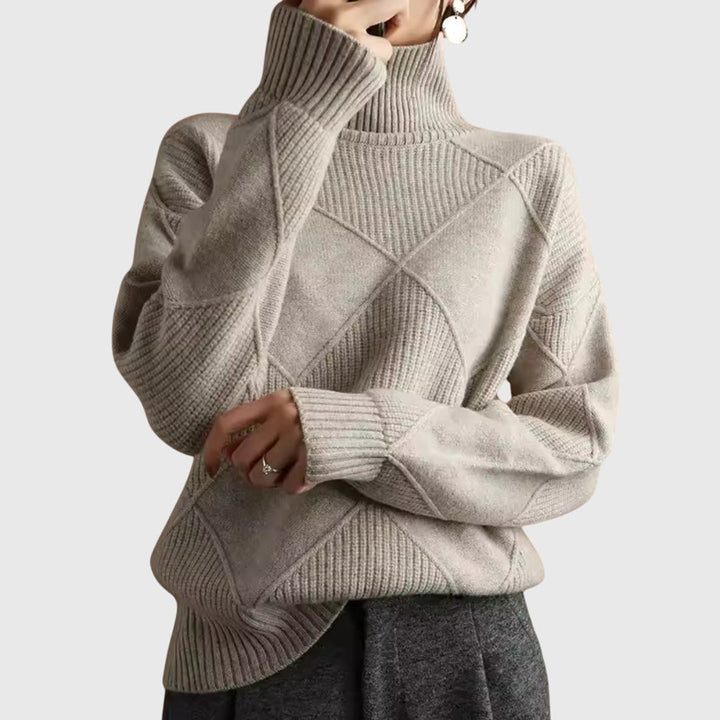 Relaxed fit women's roll neck sweater, diagonal seam, offering elegant winter comfort and style.