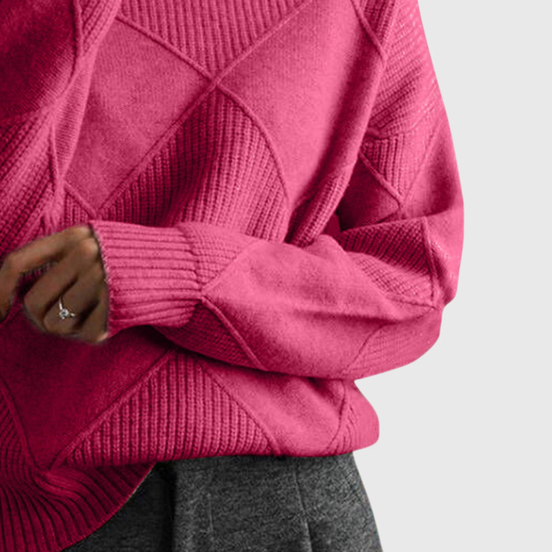 Cozy women's roll neck sweater with diagonal seam, perfect for winter warmth.