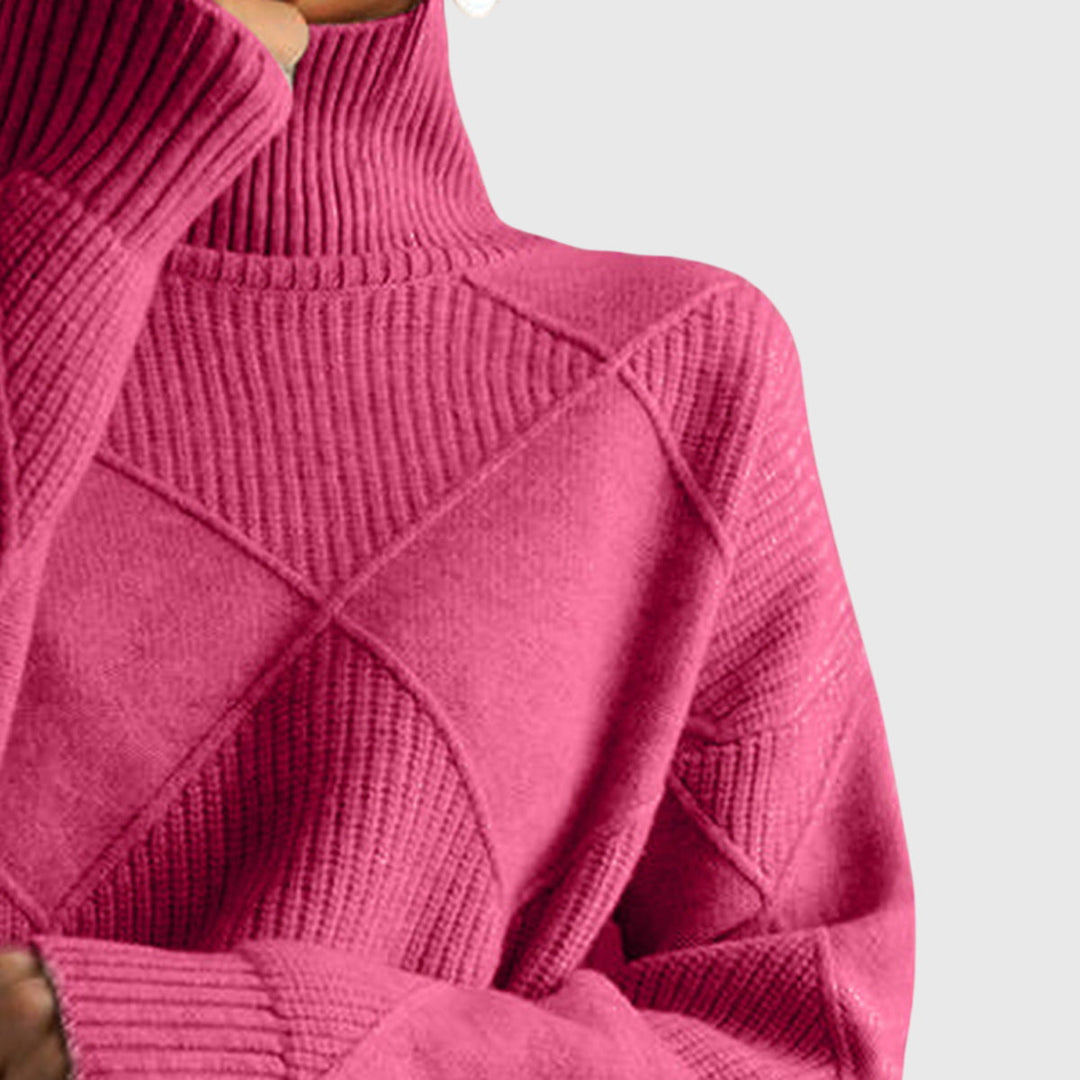 Warm winter women's knit roll neck sweater, featuring a stylish diagonal seam detail.