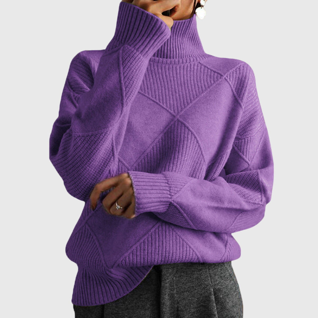 Relaxed fit women's oversized roll neck sweater with diagonal seam for ultimate cozy comfort.